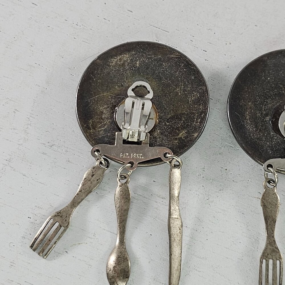 Vintage Clip On Earrings With Dangling Utensils Fork Spoo Knife Charms - Picture 6 of 8